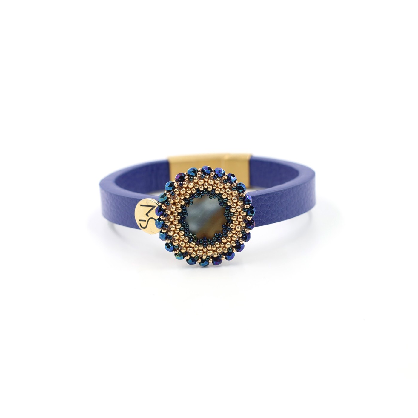 Lederarmband blau mit eingefasstem Cabochon